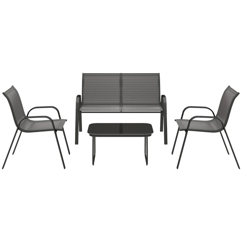 Outsunny Set da Giardino con Divano 2 Posti, 2 Poltrone Impilabili e Tavolino in Vetro, Nero