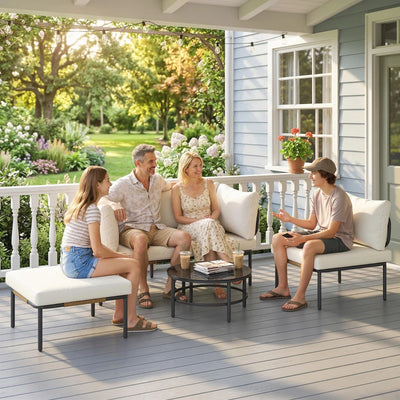 Outsunny Set da Giardino 5 Pezzi in Rattan Modulabile con Divano a L, Tavolino e Cuscini, Cachi