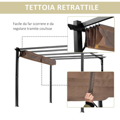 Outsunny Gazebo Pergola da Giardino 3x4m con Telo in Poliestere e Struttura in Alluminio, Grigio e Marrone