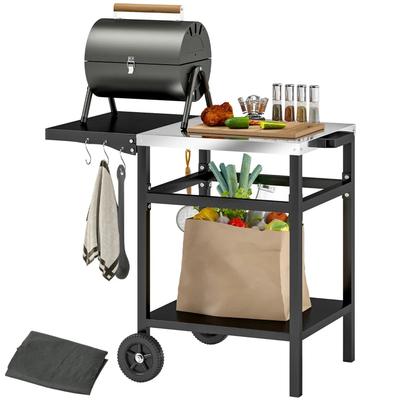 Outsunny Carrello per Barbecue con Piano in Acciaio e Ripiano Richiudibile, Ruote e Ganci, 91x58x76 cm, Nero