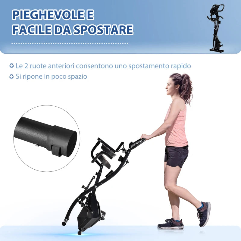 HOMCOM Cyclette Pieghevole 2 in 1, Resistenza Magnetica Regolabile 8 Livelli, Cyclette da Casa Silenziosa con Sensore Cardiaco, Sedile Regolabile, Bande Elastici, Schermo LCD, Ruote, Nero