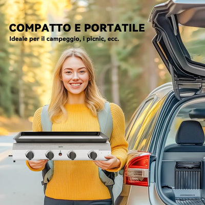 Outsunny Piastra Barbecue a Gas con 4 Bruciatori da 2.4kw e Piano Antiaderente, 77x44.5x19cm, Argento