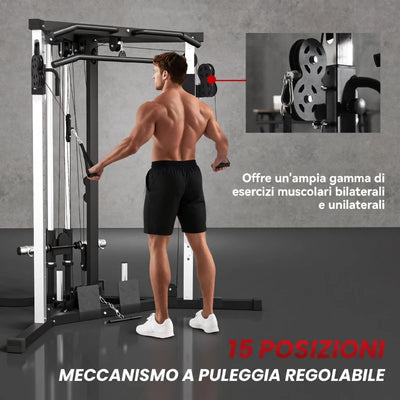 Stazione Fitness per Allenamento Totale con Sbarra per Trazioni e Bilanciere, in Acciaio, 170x139x200 cm, Nero