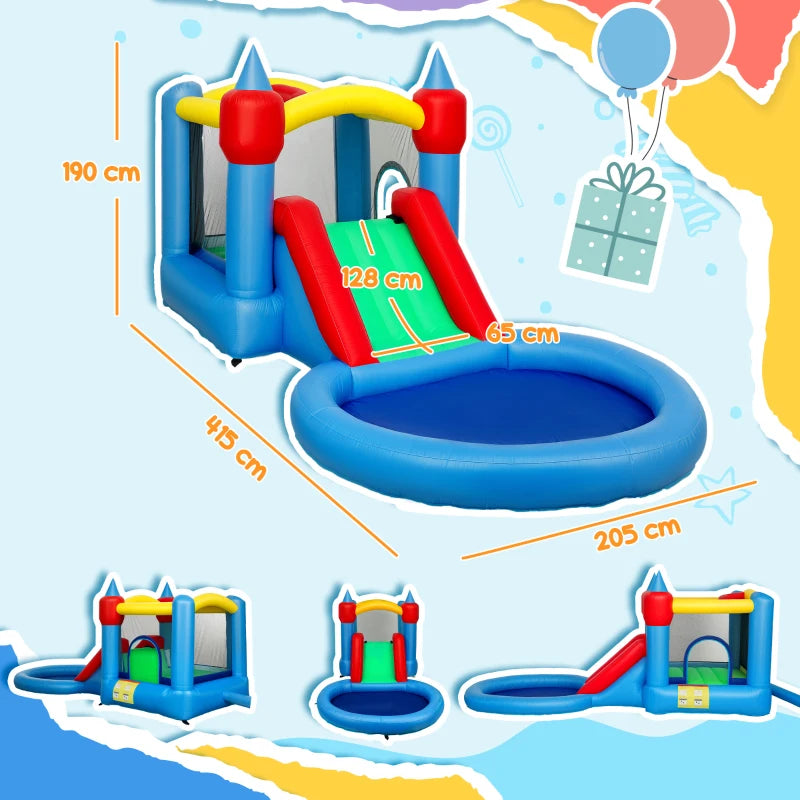 AIYAPLAY Castello Gonfiabile Trampolino 4 in 1, Scivolo, 415x205x190cm, Multicolore