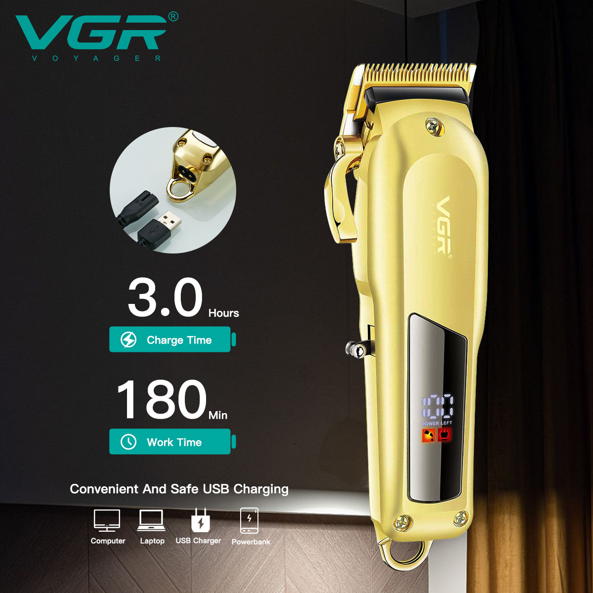 VGR Tagliacapelli | Professionale | USB | Accessori | VGR V-278