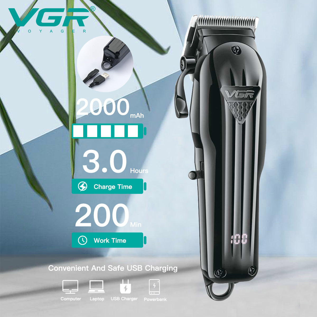 VGR Tagliacapelli | Professionale | USB | Accessori | VGR V-282