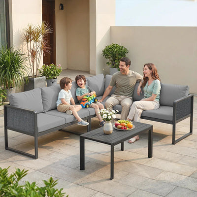 Outsunny Set Divano Angolare da Giardino in Metallo, 3 Poltrone, Tavolino Effetto Legno, Grigio Scuro