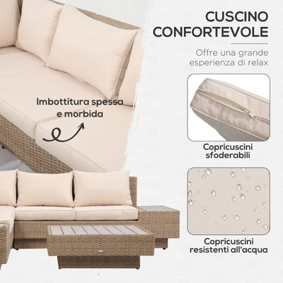 Outsunny Set da Giardino 4 Pezzi in Rattan, Divano Angolare con Cuscini e Tavolini, Nero e Marrone chiaro