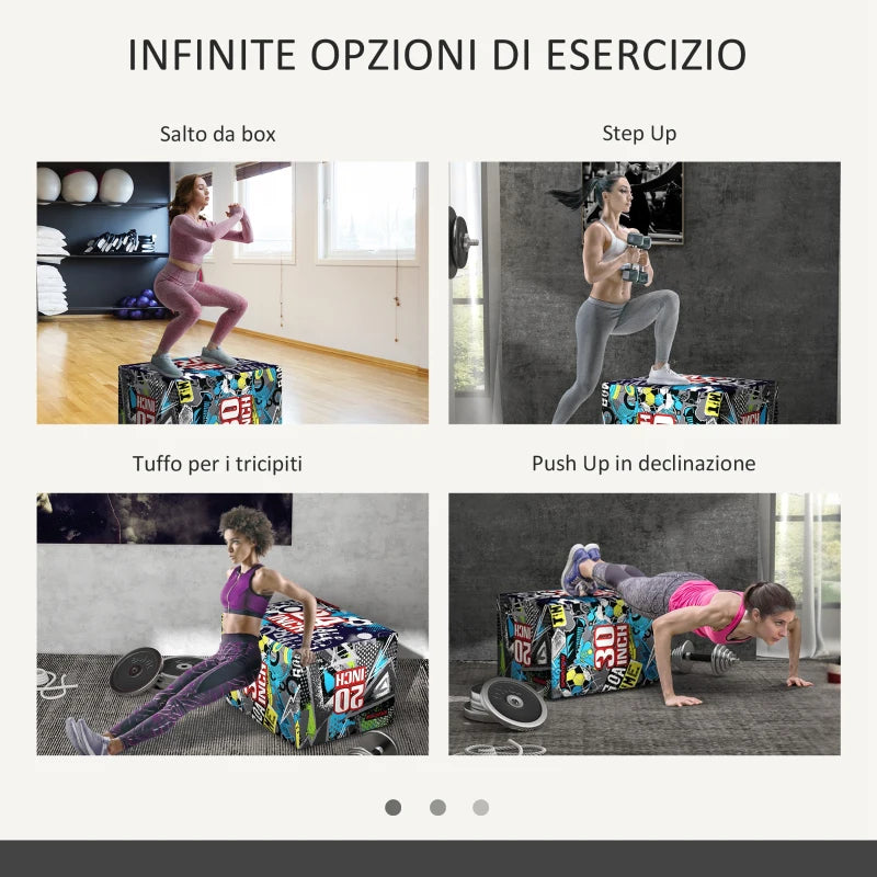 SPORTNOW Plyo Box 3 Altezze Jumping Box Antiscivolo per Casa e Palestra, 76x61x51cm, Multicolore