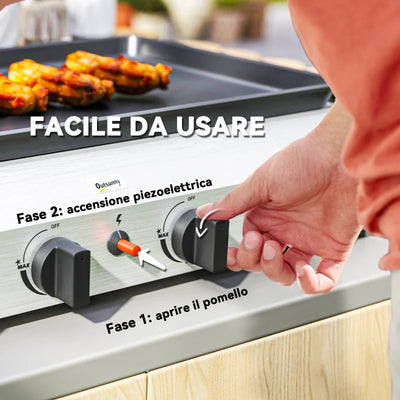 Outsunny Piastra Barbecue a Gas con 4 Bruciatori da 2.4kw e Piano Antiaderente, 77x44.5x19cm, Argento