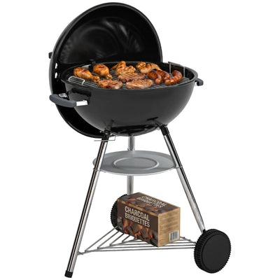 Outsunny barbecue a carbone con griglia esterna rotonda, coperchio, termometro e ruote, Nero