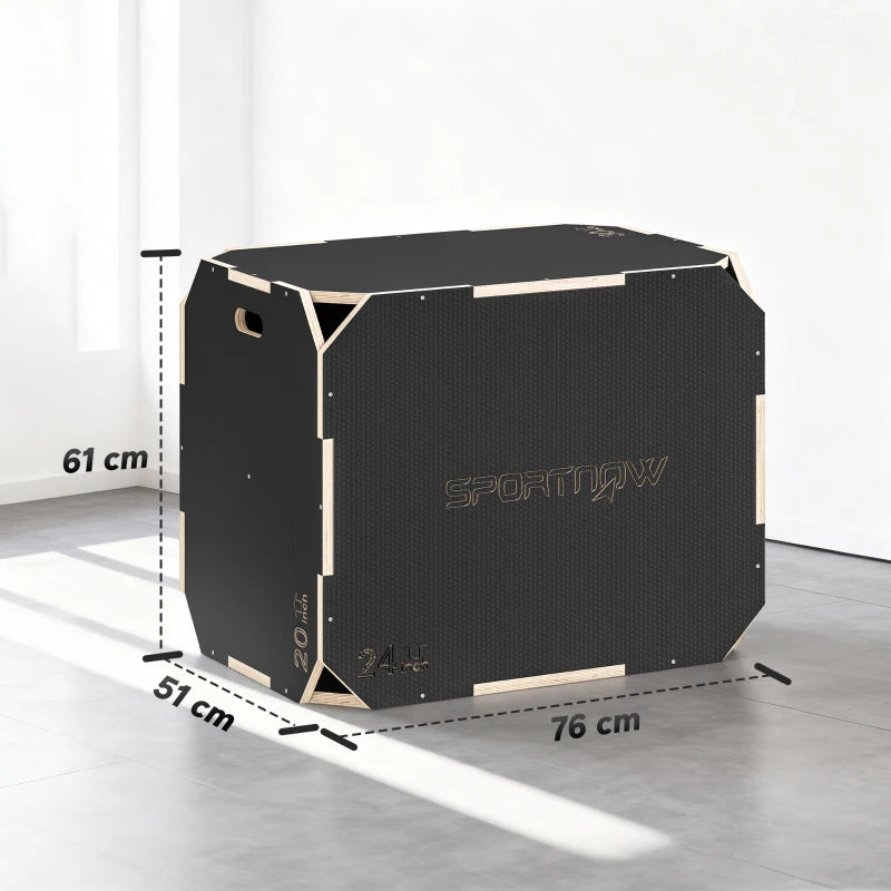 SPORTNOW Plyo Box in Legno 3 in 1, Box Pliometrico per Salti Antiscivolo con Maniglie per Allenamento in Casa Palestra, 76x61x51 cm, Nero