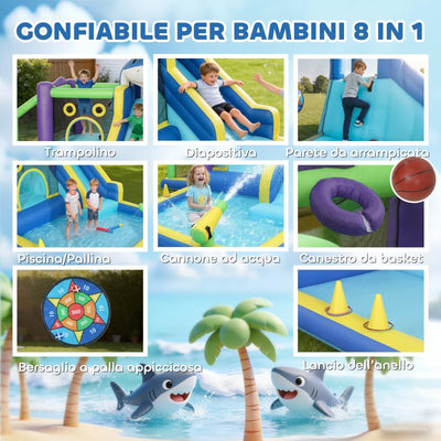 AIYAPLAY Gonfiabile Tema Squali con Scivolo, Piscina/Piscina Palline per Divertimento Bambini all'Aperto