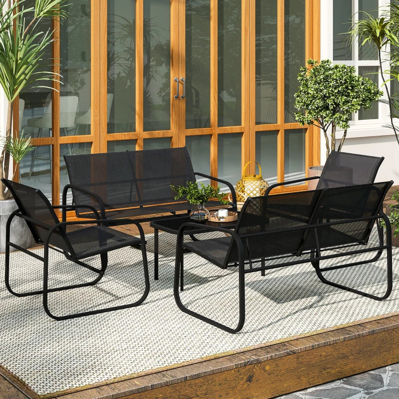 Outsunny Set da Giardino con 2 Divani 2 Posti, 2 Poltrone e un Tavolino da Caffè con Piano in Vetro, Nero