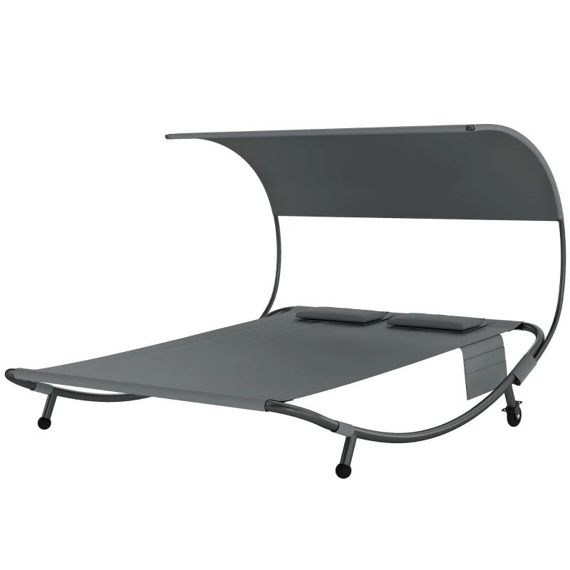 Outsunny Lettino Prendisole Doppio con Baldacchino Rimovibile, Ruote, Cuscini e Tasche, Grigio