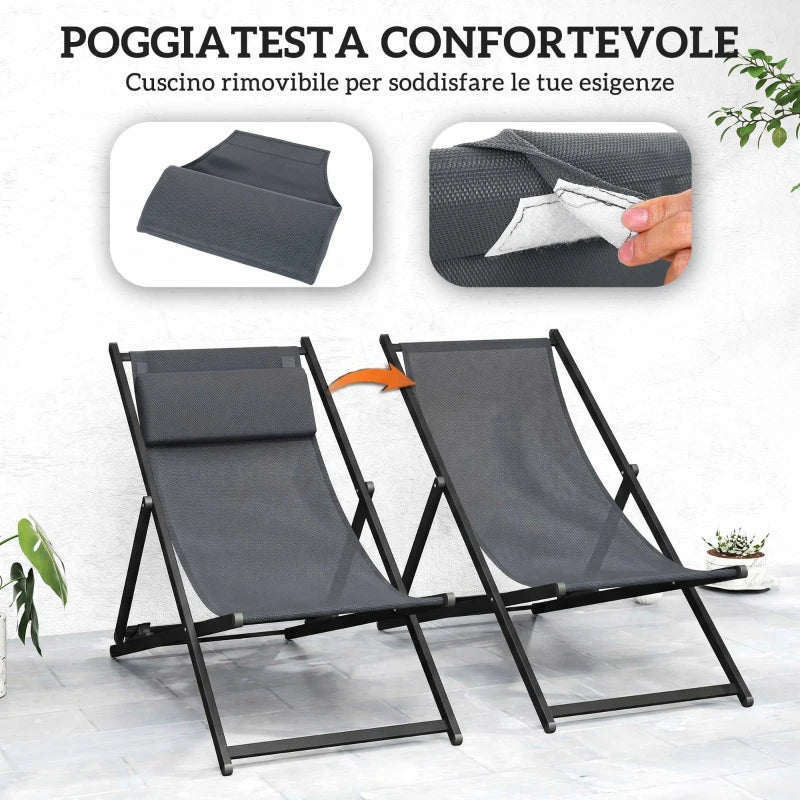 Outsunny Set 2 Sedie Poltrona Sdraio da Esterni, Pieghevoli e Reclinabili, in Alluminio, 100x60x85 cm, Grigio Scuro