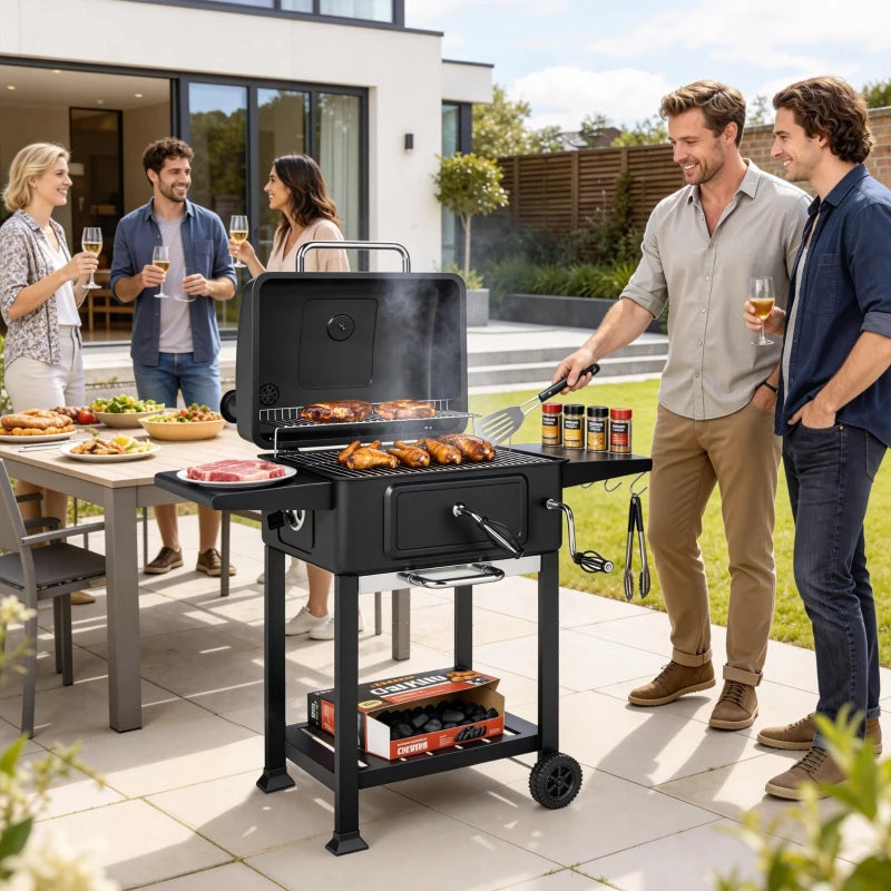 Outsunny Barbecue a Carbone, Griglia Smoker con Ruote per Uso Esterno, Nero