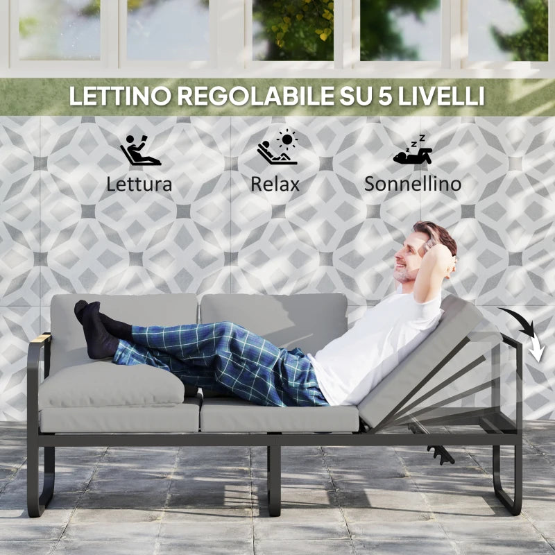 Outsunny Set da Esterno 3 Pezzi con Divano 3 Posti Convertibile, Divano 2 Posti e Tavolino da Esterno, Grigio e Nero
