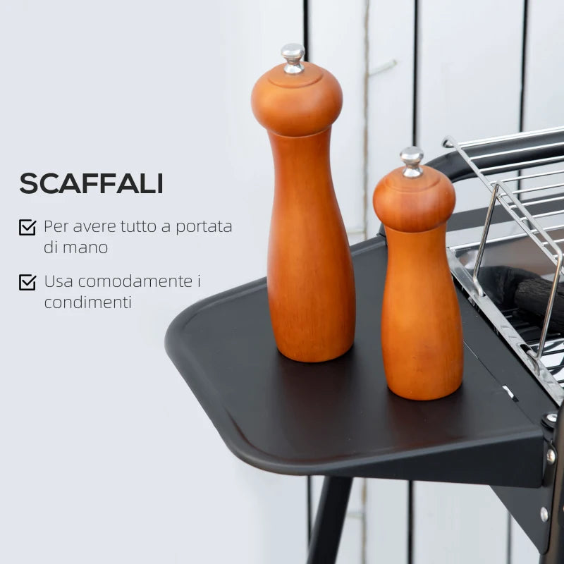 Outsunny Barbecue a Carbonella con Griglia e Piastra in Acciaio con Ripiani Laterali, 113x59x83.5cm, Nero