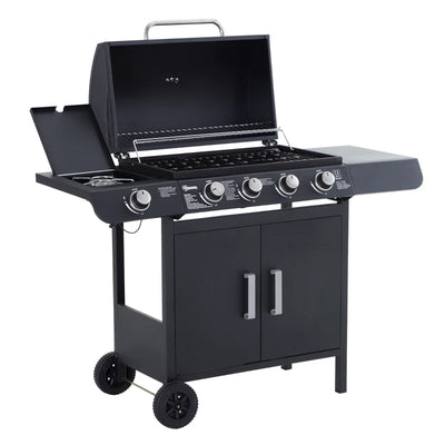 Outsunny Barbecue a Gas a 5 Fornelli con Ripiani Laterali e Armadietto, in Acciaio e PP, 125x51x100 cm, Nero
