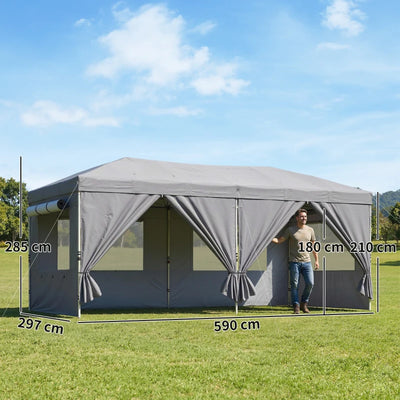 Outsunny Gazebo Pieghevole 3x6 m con 6 Pareti Laterali, Sacchi e Picchetti, in Metallo e Tessuto Oxford, Grigio Scuro