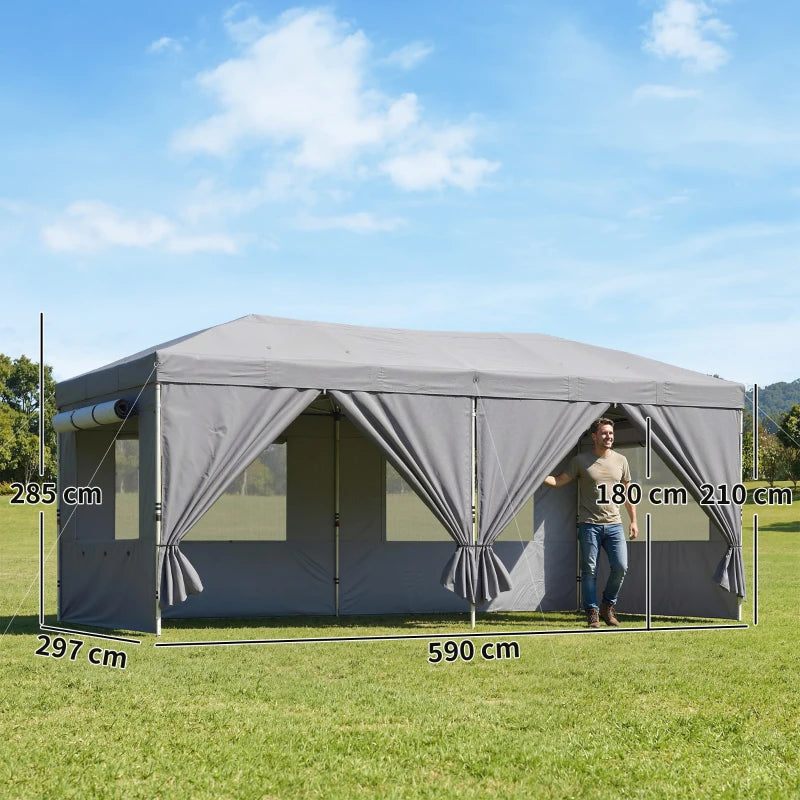Outsunny Gazebo Pieghevole 3x6 m con 6 Pareti Laterali, Sacchi e Picchetti, in Metallo e Tessuto Oxford, Grigio Scuro