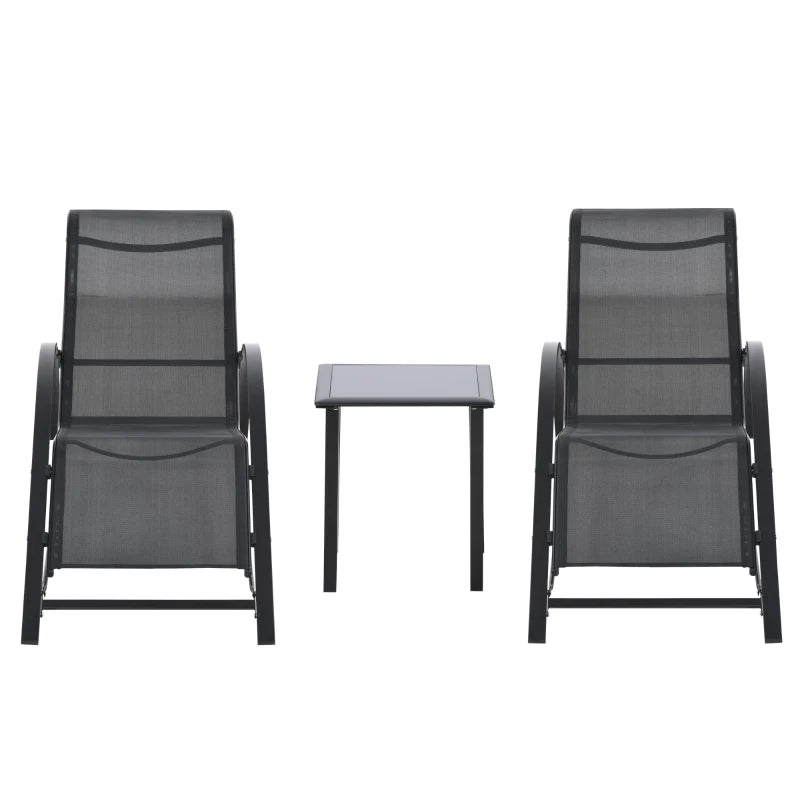 Outsunny Set 2 Lettini Prendisole e Tavolino con Ripiano, in Tessuto Traspirante e Metallo, 59x169x66 cm, Nero