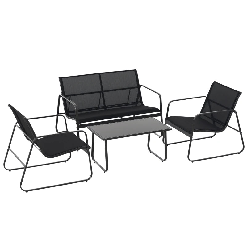 Outsunny Set Salotto da Giardino da 4 Pezzi, con Divanetto da Esterno a 2 Posti, 2 Sedie e Tavolo da Caffè in Vetro Temperato, Set di Mobili da Giardino in Metallo e Texteline, Nero