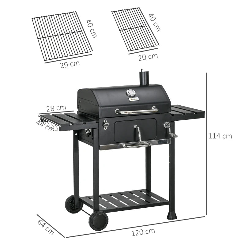 Outsunny Barbecue a Carbone con Coperchio con Termometro, Griglia Regolabile, Ruote e Tavolini, Nero