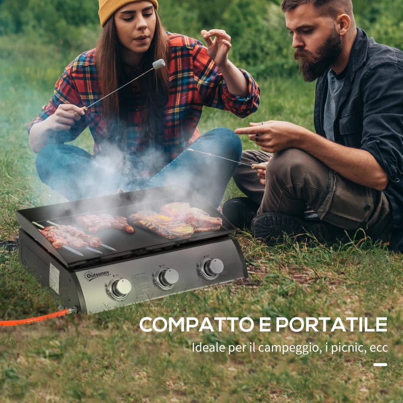 Outsunny Piastra Barbecue a Gas Antiaderente da Tavolo con 3 Bruciatori da 3kW, 62x46x21cm, Nero