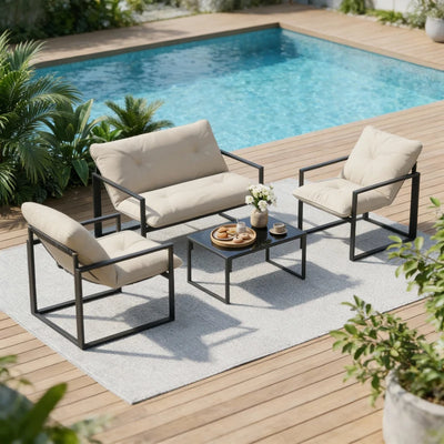 Outsunny Set da Giardino 4 Pezzi con Divanetto, 2 Poltrone e Tavolino, in Acciaio, Poliestere e Cotone PP, Beige e Grigio