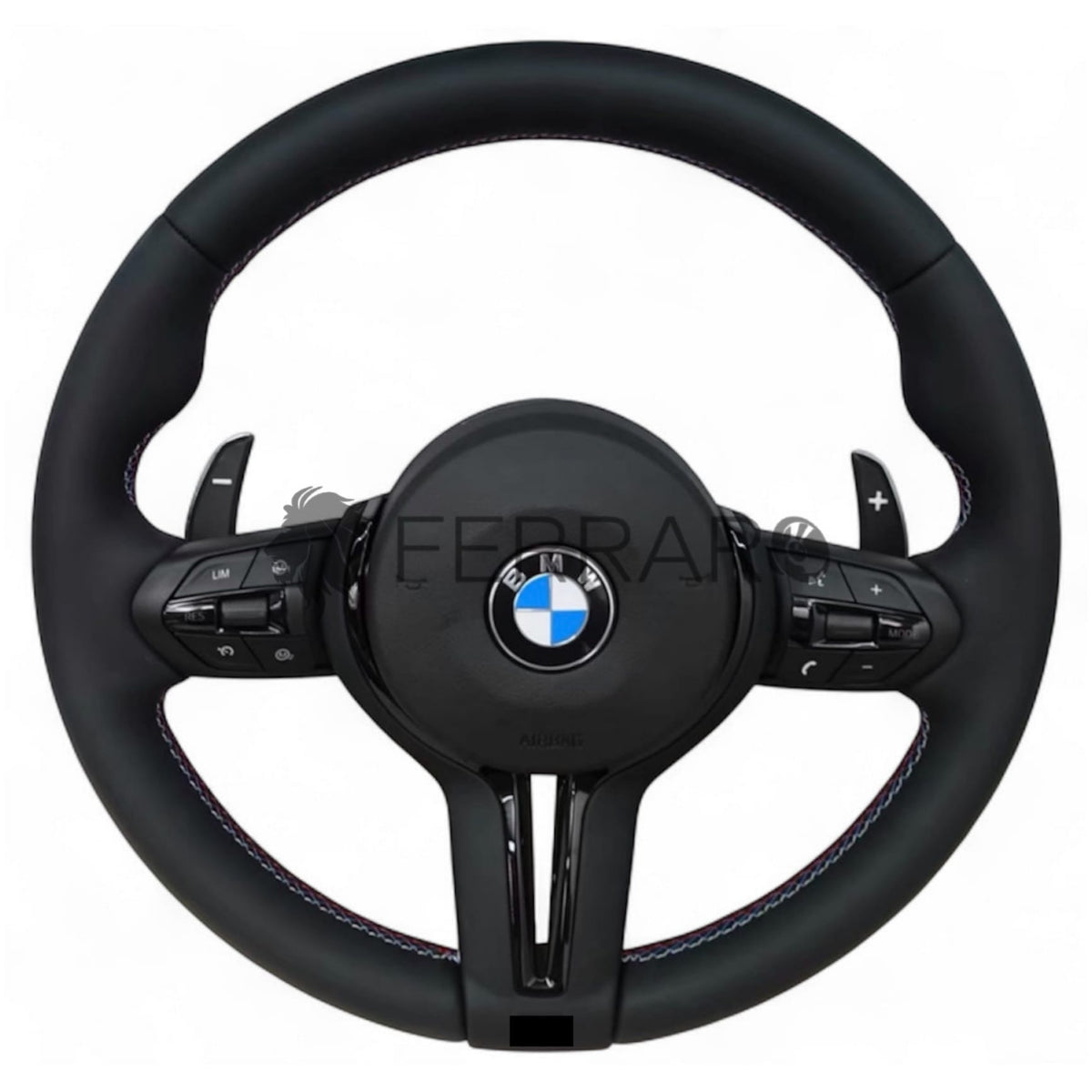 (PRENOTA) Volante per BMW, Pelle Nera, Cromatura Nera, Filo Nero Multicolore