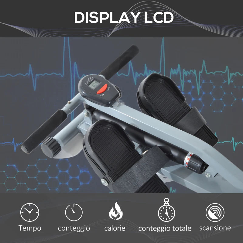 HOMCOM Vogatore Professionale a Tiraggio Centrale per Allenamento da Casa Salvaspazio con Display 130 x 47.5 x 67cm