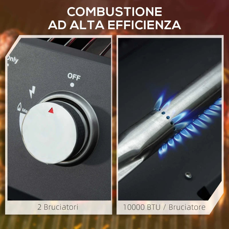 Outsunny Barbecue a Gas Pieghevole con Coperchio, Termometro e 2 Bruciatori in Acciaio, 55x46.5x41 cm, Nero