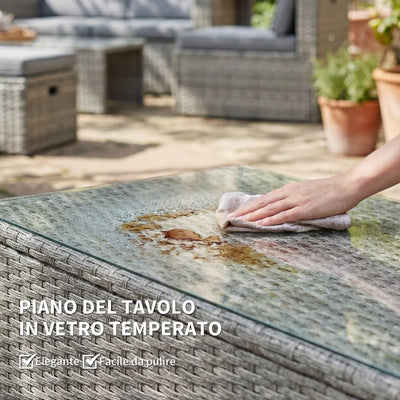 Outsunny Set da Esterno 6pz con Divano, 2 Sedie, Tavolino con Piano in Vetro e 2 Pouf, Grigio Scuro
