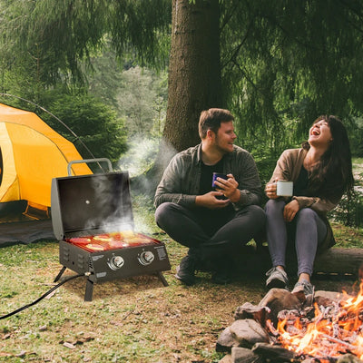 Outsunny Barbecue a Gas Pieghevole con Coperchio, Termometro e 2 Bruciatori in Acciaio, 55x46.5x41 cm, Nero