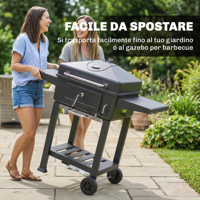 Outsunny Barbecue a Carbone, Affumicatore Portatile con Ventilazione, Termometro e Mensole Laterali, Nero