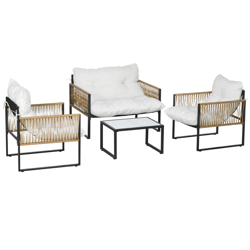 Outsunny Set da Giardino 4 Pezzi in Rattan con Divanetto, 2 Sedie e Tavolino da Caffè, Nero, Marrone e Crema