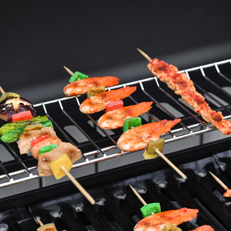Outsunny Barbecue a Gas con Coperchio, 7 Bruciatori da 20kW, Fornello Laterale e 2 Ruote, 135x50x100 cm, Nero