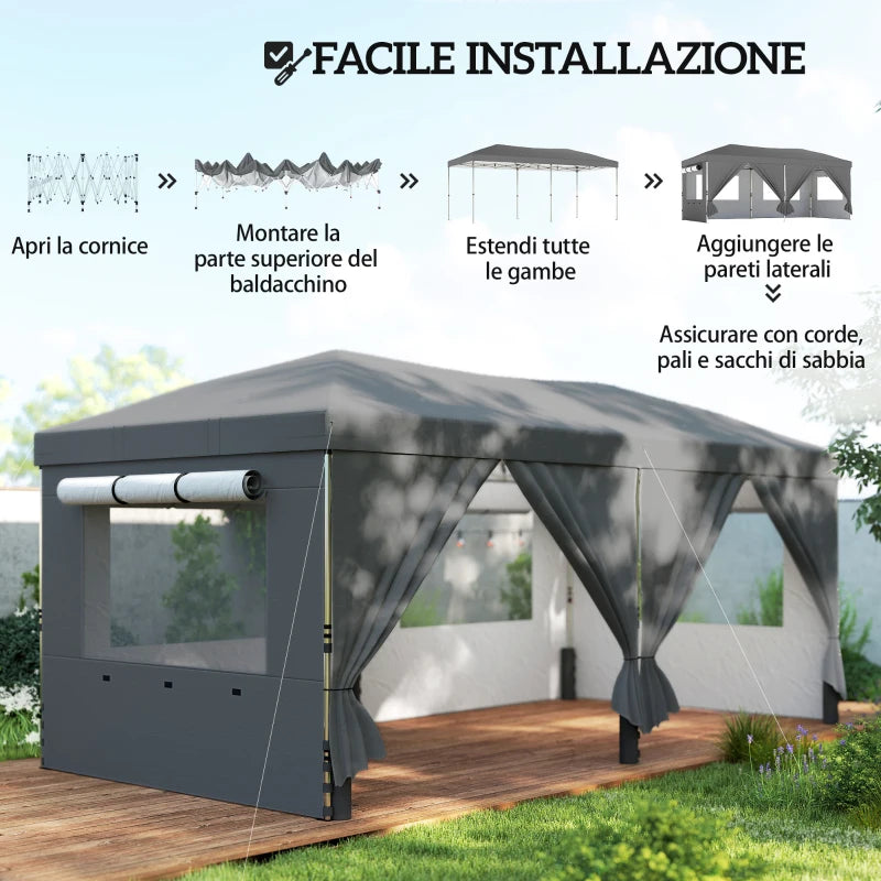 Outsunny Gazebo Pieghevole 3x6 m con 6 Pareti Laterali, Sacchi e Picchetti, in Metallo e Tessuto Oxford, Grigio Scuro