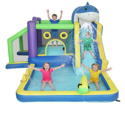 AIYAPLAY Gonfiabile Tema Squali con Scivolo, Piscina/Piscina Palline per Divertimento Bambini all'Aperto