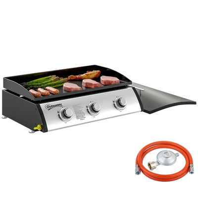 Outsunny Piastra a Gas in Acciaio Smaltato con 3 Bruciatori Potenza 7.5kW, 3 Zone di Cottura e Coperchio, Nero