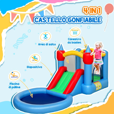 AIYAPLAY Castello Gonfiabile Trampolino 4 in 1, Scivolo, 415x205x190cm, Multicolore