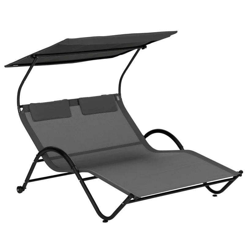 Outsunny Lettino Prendisole Reclinabile a 2 Posti con Ruote, Poggiatesta Imbottito e Tetto, 200x137x138 cm, Grigio