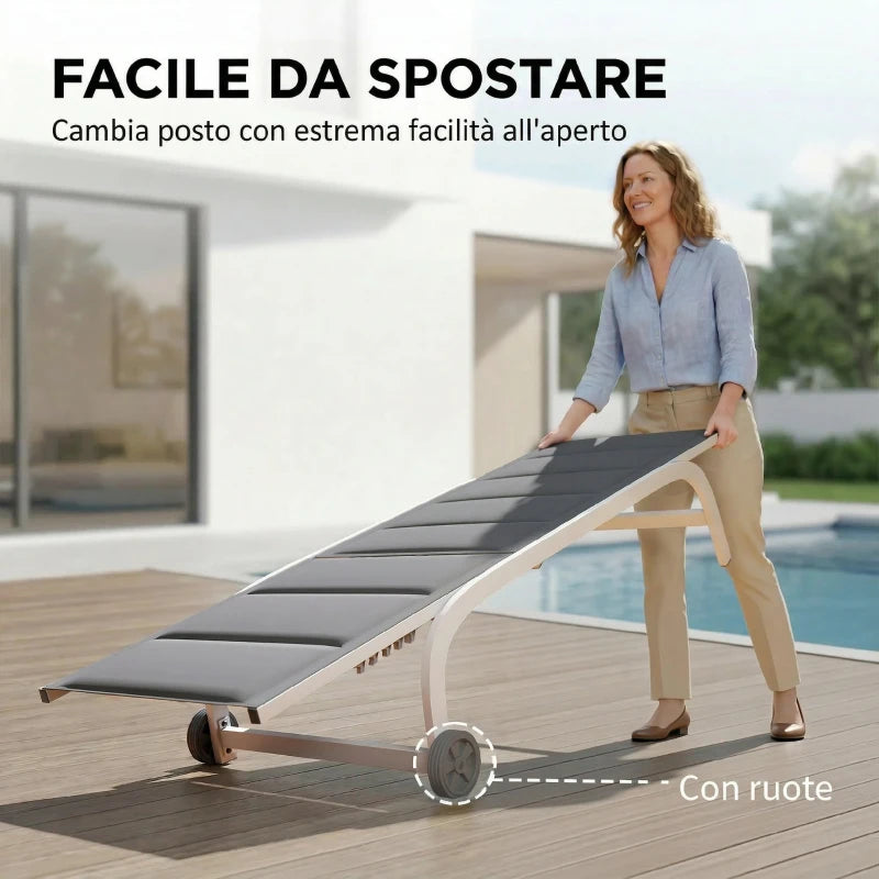 Outsunny Lettino Prendisole da Giardino con Ruote, in Texteline con Telaio in Alluminio, Grigio Scuro e Bianco