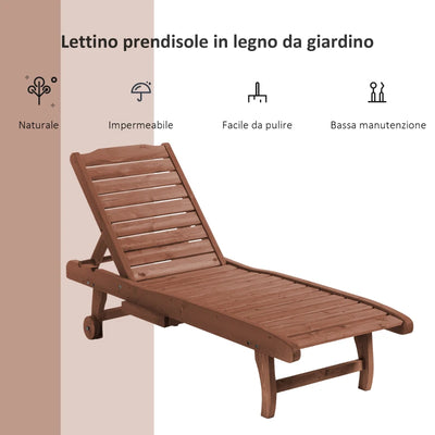 Outsunny Lettino Prendisole in Legno, Lettino Sdraio da Giardino con Ruote e Vassoio Estraibile 182x60x35cm