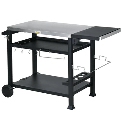 Outsunny Carrello Barbecue con Tavolino Pieghevole in Acciaio Inox, 2 Ruote e Accessori, 125x65x84 cm, Nero