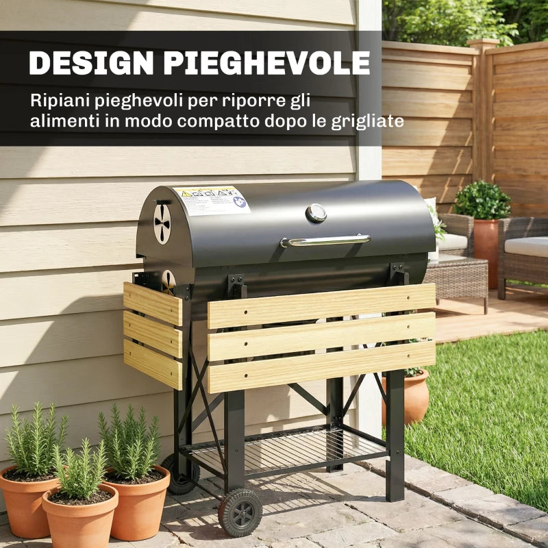 Outsunny Barbecue a Carbone, Griglia Mobile con Ripiani Pieghevoli e Termometro
