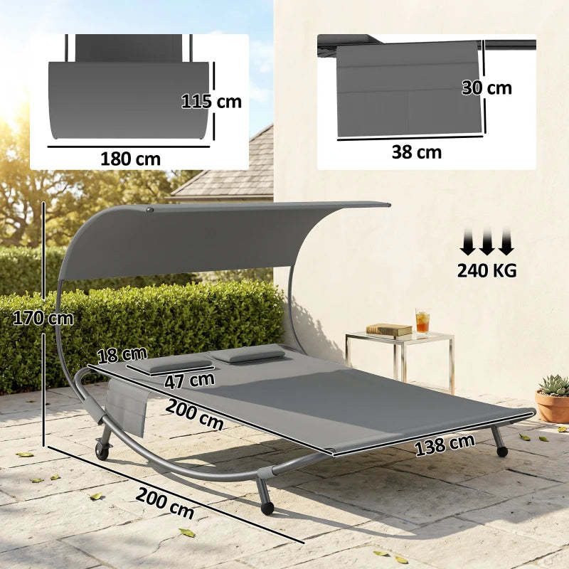 Outsunny Lettino Prendisole Doppio con Baldacchino Rimovibile, Ruote, Cuscini e Tasche, Grigio