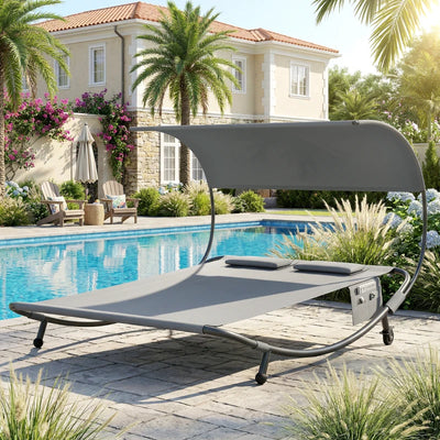 Outsunny Lettino Prendisole Doppio con Baldacchino Rimovibile, Ruote, Cuscini e Tasche, Grigio